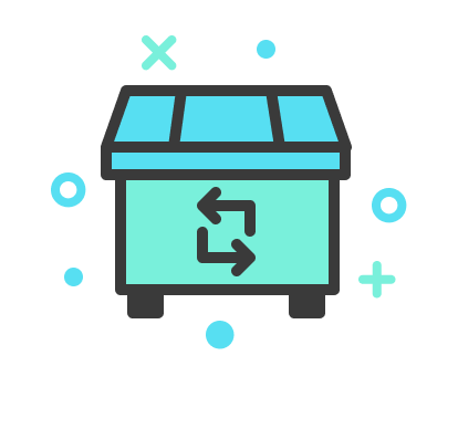 Dumpster icon with blue symbols around it